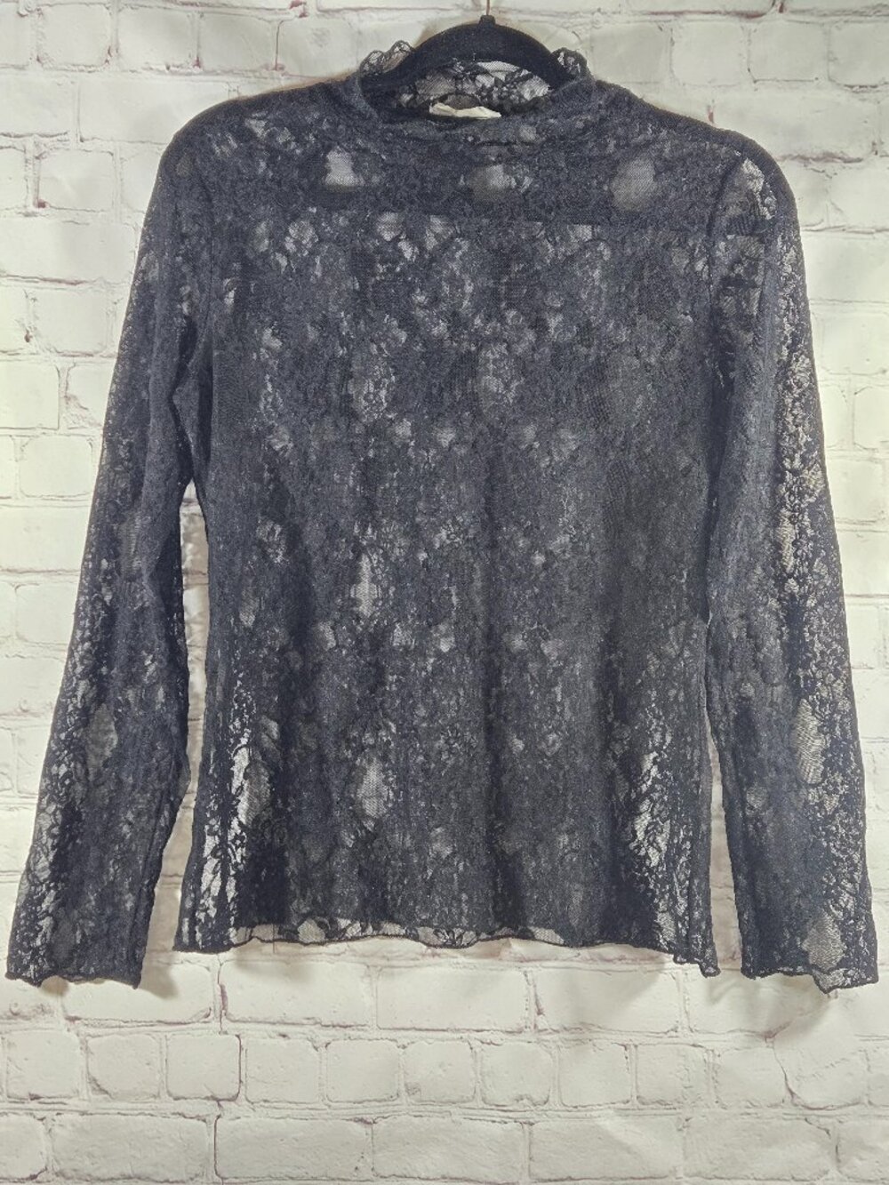 Jade by Jane Black Floral Lace Mesh Whimsigoth Witchy Long Slv Top L